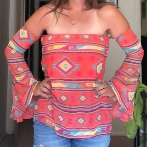 Off the Shoulder Aztec Top with Bell Sleeves
